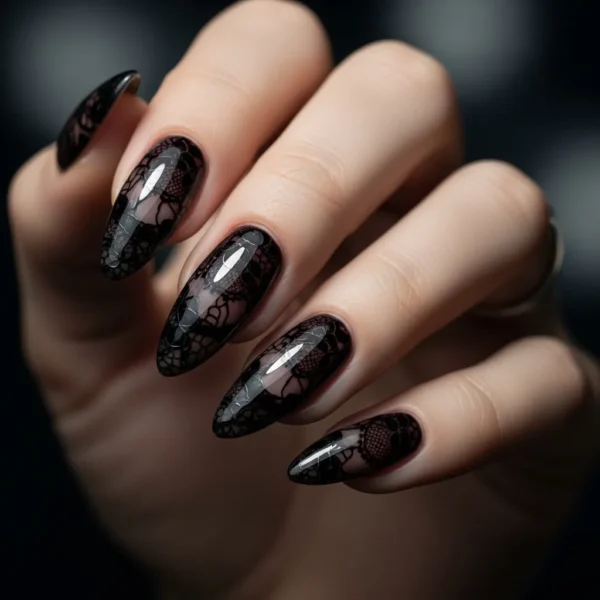 Lace Nail Art Tutorial – How to Do Doily Nails at Home Step by Step in 2026 4 Black Lace on Black Base Nail Design