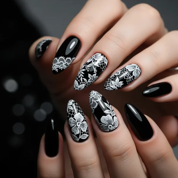 Lace Nail Art Tutorial – How to Do Doily Nails at Home Step by Step in 2026 5 White Lace on Black Base Nail Design