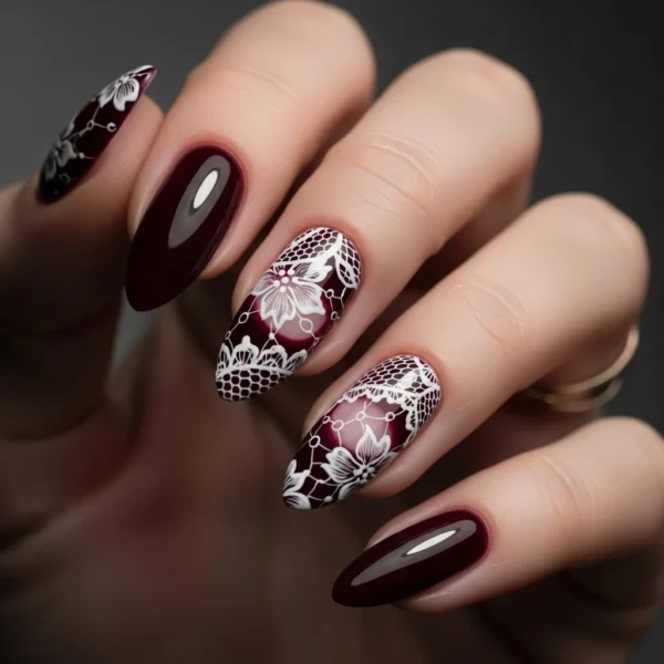 Lace Nail Art Tutorial – How to Do Doily Nails at Home Step by Step in 2026 9 Burgundy Base with White Lace Nails