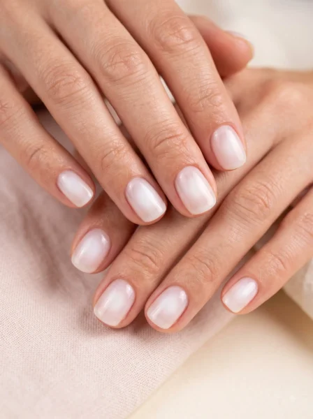 Short translucent coconut jelly nails with soft white aura centers