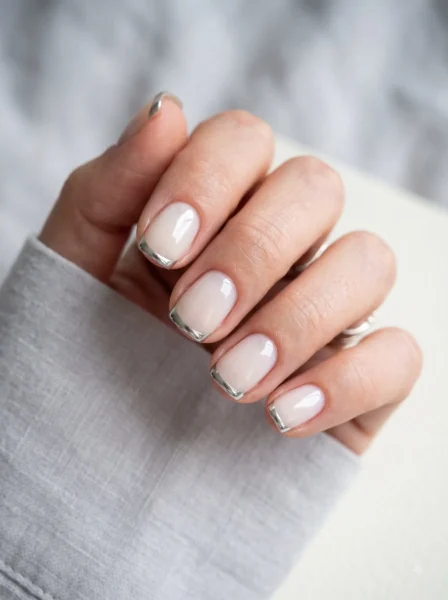 Milky short coconut jelly nails finished with thin chrome French tips