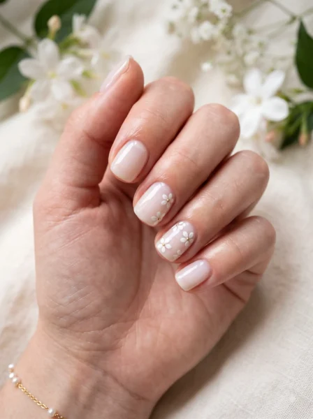 Short milky coconut jelly nails with small white floral accent art