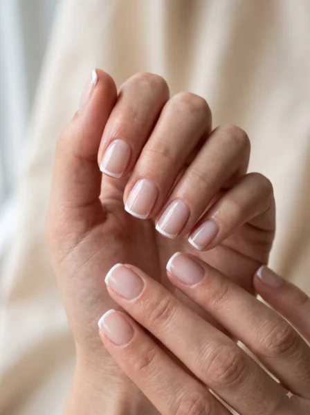 Short coconut jelly nails with thin white micro-French tips