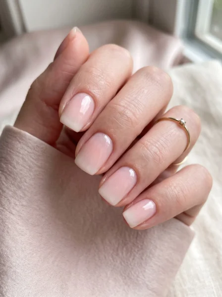 Short coconut jelly ombré nails fading from sheer pink to milky white