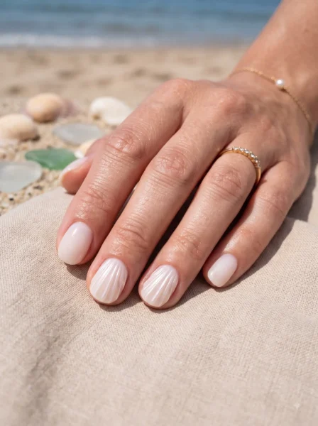 Short coconut jelly nails with subtle pearlescent seashell accent art