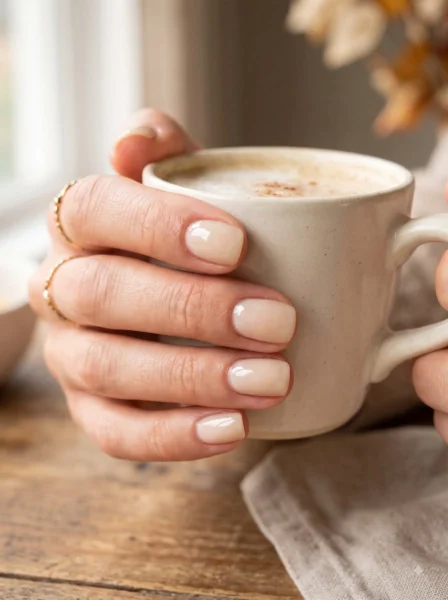 Short coconut latte jelly nails with a warm creamy translucent finish