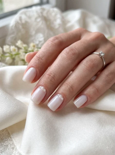 Glossy short coconut jelly nails with delicate pearl accents