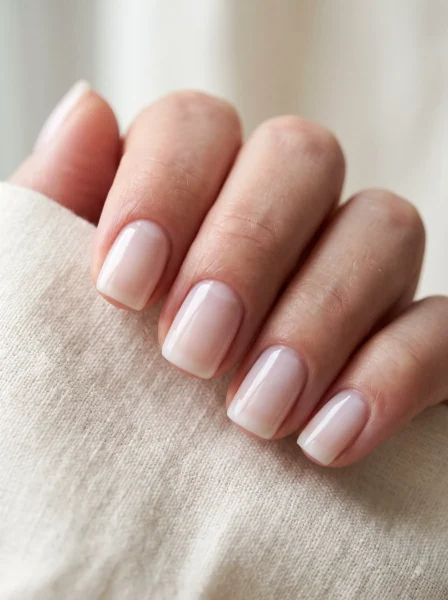 Short squoval coconut jelly nails with a glossy milky white finish